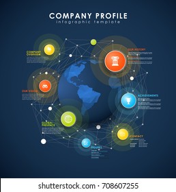 Company profile overview template with colorful circles, dots and polygonal globe on blue background- dark version.