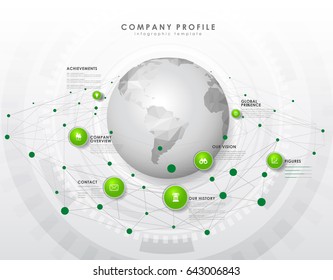 Company profile overview template with green circles, dots and polygonal globe - light version.