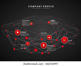 Company profile overview template with red circles and dots - dark version.
