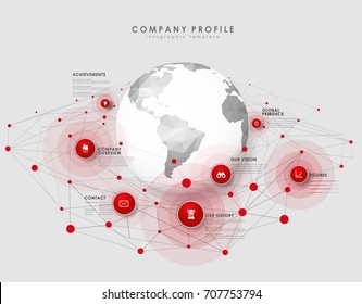 Plantilla de descripción general del perfil de la empresa con círculos rojos, puntos y globo poligonal - versión ligera.