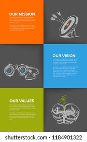 Company profile template - corporation main information presentation with mission, vision and values statement - dark version