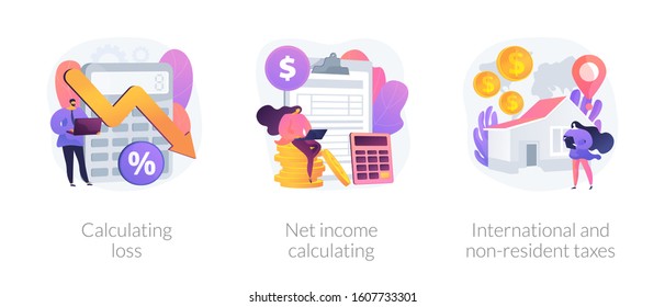 Company profit and loss flat icons set. Investment taxation. Calculating loss, calculating net income, international and non-resident taxes metaphors. Vector isolated concept metaphor illustrations