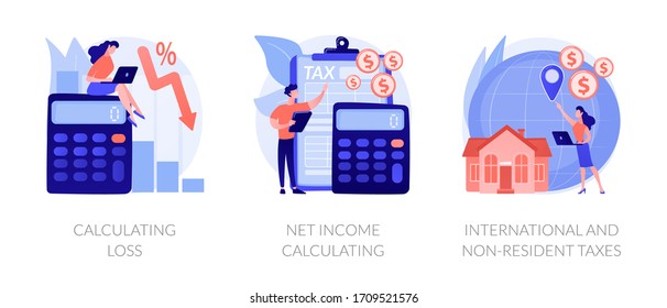 Company profit and loss flat icons set. Investment taxation. Calculating loss, calculating net income, international and non-resident taxes metaphors. Vector isolated concept metaphor illustrations