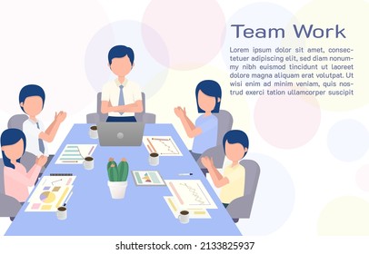 La empresa es rentable debido al buen trabajo en equipo y a los buenos empleados. El jefe alaba a los empleados y a los empleados aplaudiendo con alegría. Concepto de trabajo en equipo.  Ilustración vectorial Eps10.