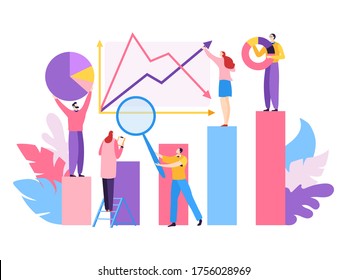 Company project big data, vector illustration. Analytic teamwork people character for successfull marketing, financial growth analysis. Organize information for easy analysis work.