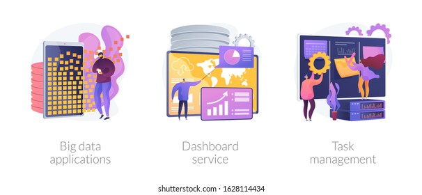 Company projects management optimization. Business activity automation. Big data applications, dashboard service, task management metaphors. Vector isolated concept metaphor illustrations