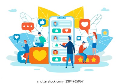 Company Promo in Social Network, Customers Experience Online, Clients Effective Community Flat Vector Concept with People Using Smartphone, Giving Feedback, Commenting and Sharing Thoughts in Internet