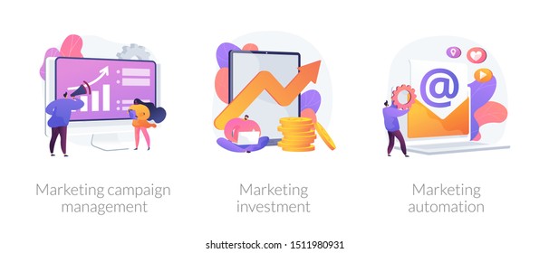 Company Promotion Icons Set. Cost Optimization, Capital Spending. Marketing Campaign Management, Marketing Investment, Marketing Automation Metaphors. Vector Isolated Concept Metaphor Illustrations.