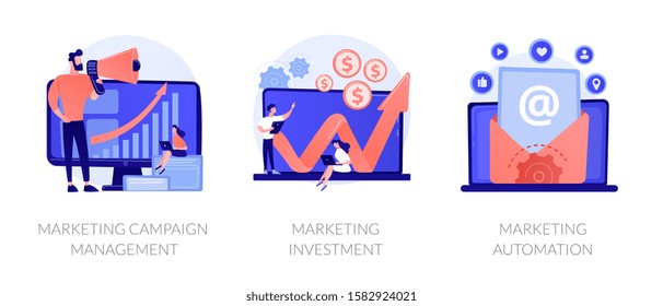 Company promotion icons set. Cost optimization, capital spending. Marketing campaign management, marketing investment, marketing automation metaphors. Vector isolated concept metaphor illustrations.