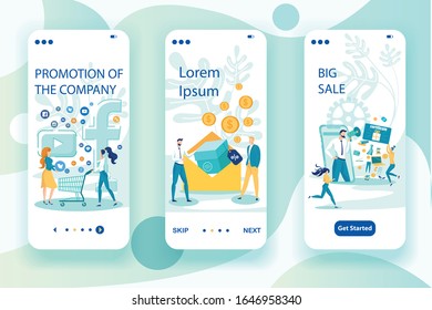 Company Promotion Mobile Pages Vector Template. Sale Certificate App. Online Shopping Offer. Discount Advertising Webpage Walkthrough Step Screens. Smartphone Website Interface Idea