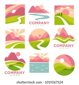 Company promotional logotypes set with landscapes and sunset