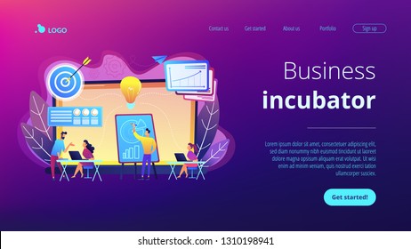 Company providing management training and office space. Business incubator, business training programs, shared administrative service concept. Website vibrant violet landing web page template.