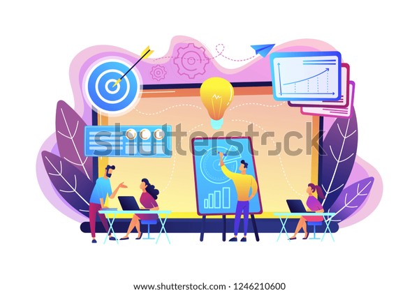 Company providing management training and\
office space. Business incubator, business training programs,\
shared administrative service concept. Bright vibrant violet vector\
isolated illustration