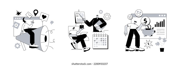 Company public relations abstract concept vector illustration set. PR, events and sponsoring, promotion strategy, event calendar, company investment program, website menu bar abstract metaphor.
