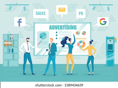 Company Public Relations Employees Working - do PR Mounting Advertising Campaign. Businesspeople in Office Monitoring Sales and Promotion in Social Media Results. Flat Cartoon Vector Illustration.