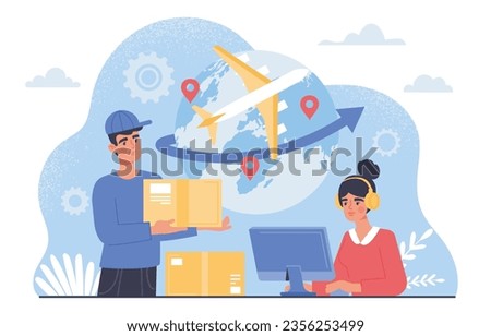 Company purchare materials concept. B2b deals and agreements. Globalization and international trading, logistics. Courier with box near woman with computer. Cartoon flat vector illustration
