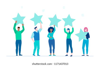 Company rating - flat design style colorful illustration on white background. International team, group of people giving four star to a service or business. Customer review, feedback concept