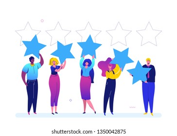 Company rating - flat design style colorful illustration on white background. A creative team, group of people putting stars, estimating to a service or business. Customer review, feedback concept