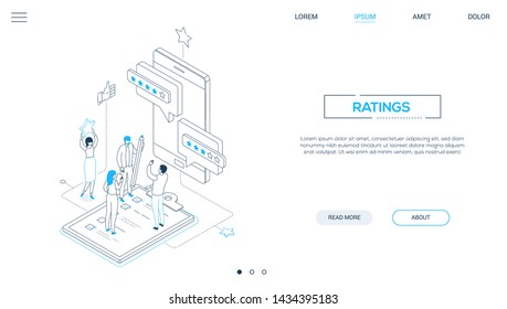 Company Ratings - Line Design Style Isometric Web Banner On White Background With Copy Space For Text. A Header With Male, Female Workers Putting Stars, Comments On Smartphone Screen. Feedback Concept