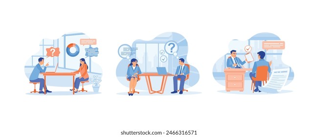 The company recruits workers. Job seeker has a job interview in an office. Good impression after the interview. Job interview concept. Set flat vector illustration.