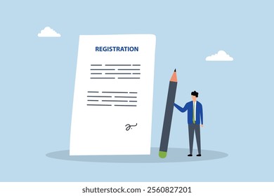 Company registration service, entrepreneur grasping pen victory indication corporate paperwork with seal. 