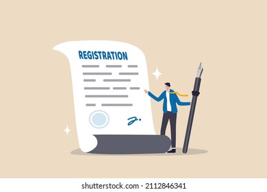 Company registration service, start new business, legal term or ownership entrepreneur assistant, confidence businessman holding pen success sign company document with stamped.