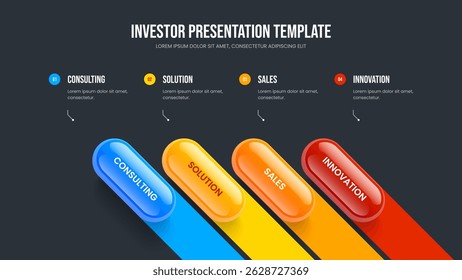 Company Report 4 Element Diagram Slideshow Layout. Professional Overview Four Step Infographic Slide Design. Consulting Briefing Presentation Template Vector Illustration.