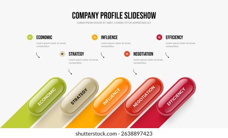 Company Report 5 Element Diagram Presentation Layout. Professional Showcase Frame Design Vector Illustration. Project Campaign Five Option Infographic Slideshow Template.