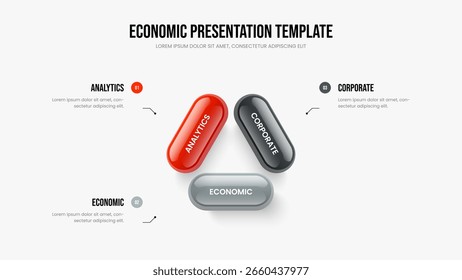 Company Report Slide Layout Vector Illustration. Financial Overview 3 Option Diagram Presentation Design. Modern Development Three Element Infographic Slideshow Template.