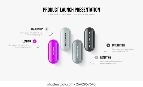 Company Report Slideshow Layout Vector Illustration. Investor Development 4 Step Diagram Frame Template. Marketing Launch Four Option Infographic Slide Design.