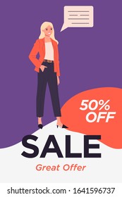 Company representative announcing sale. Great offer text, woman, speech bubble flat vector illustration. Retail, commerce, advertising concept for banner, website design or landing web page