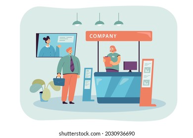 Company representative clerk talking with businessman. Flat vector illustration. Girl behind expo counter, communicating with customer standing at tradeshow booth. Fair, advertising, reception concept