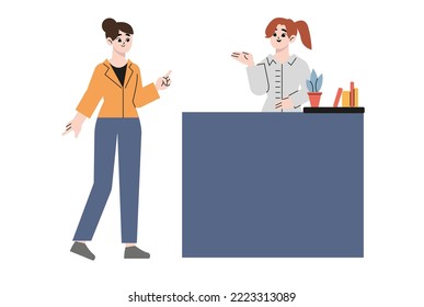 Company representative clerk talking with businessman. Girl behind expo counter, communicating with customer standing at tradeshow booth. Fair, advertising, reception concept. Flat vector illustration