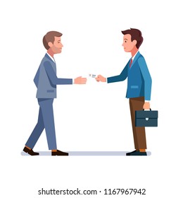 Company Representative Person Giving Business Card To Potential Partner Or Client. Two Business Men Meeting. Introduction, Appointment And Acquaintance. Flat Vector Illustration Isolated On White