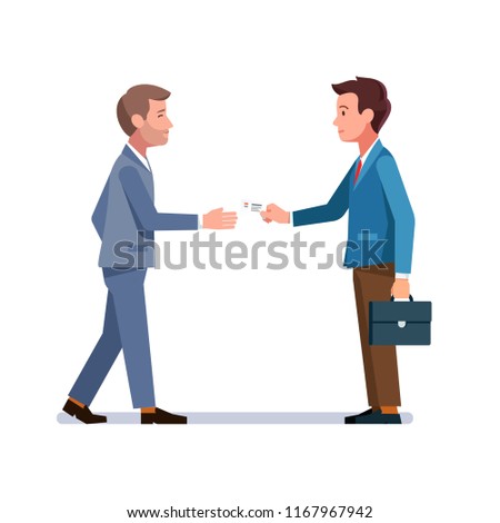 Company representative person giving business card to potential partner or client. Two business men meeting. Introduction, appointment and acquaintance. Flat vector illustration isolated on white