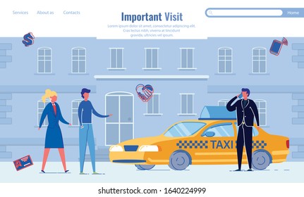 Company Representatives Meeting Company Partner. Important Business Visit Scene on Cityscape Background with People Cartoon Characters in Formal Clothing and Taxi Car. FLat Vector Illustration.
