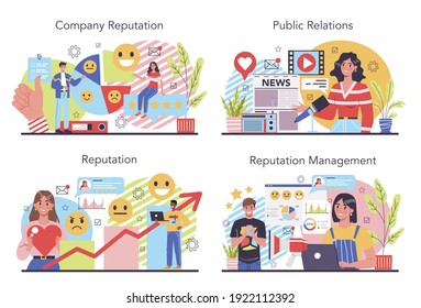 Company reputation concept set. Building relationship with people and improving customer loyalty. Idea of PR and reputation management. Flat vector illustration