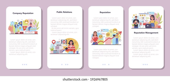 Company reputation mobile application banner set. Building relationship with people and improving customer loyalty. Idea of PR and reputation management. Flat vector illustration