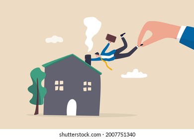 Company Request Employee Back To Work In The Office In Post Pandemic, Stop Work From Home Concept, Big Boss Hand Pulling Employee From Home Back To Work In Office.