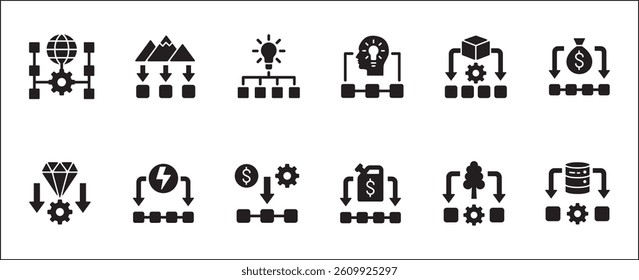 Company resource icon set. Production process icons. Icons set contains business, management, asset, process, resource, product, energy, financial, nature. Vector stock illustration.