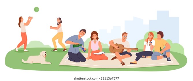 Company rests in nature. Friends had picnic. Young man plays guitar, women play ball, dog lies on grass. Summer leisure in park. Calm and active recreation of young people