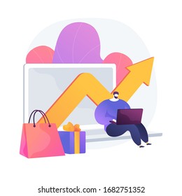 Company revenue rates. Buying gift, sales growth, company profit analysis. Online store manager analysing income. Man calculating capital expenditure. Vector isolated concept metaphor illustration