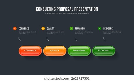 Company Review Frame Layout Vector Illustration. Professional Introduction Four Option Diagram Presentation Design. Product Showcase 4 Element Infographic Slideshow Template.