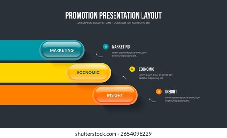 Company Review Three Element Infographic Slide Template. Project Launch Slideshow Layout Vector Illustration. Product Portfolio 3 Step Diagram Frame Design.