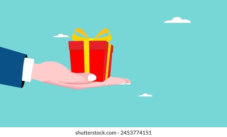 company rewards program, bonuses for employees for good performance, surprise or gift for customers, special loyalty program from company, businessman hand with gift box concept vector illustration
