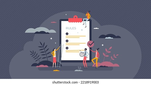 Company rules to follow and guidance for regulation tiny person concept. Instructions list and standard terms for employees principle ethics or restrictions vector illustration. Regulatory process.