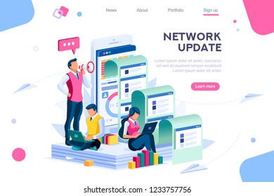 Company search for information. Communication on virtual network, update on website newspaper of info. Headline, latest news on social press multimedia cover for live application. Vector illustration