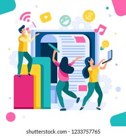 Company search for information. Communication on virtual network, update on website newspaper of info. Headline, latest news on social press multimedia cover for live application. Vector illustration