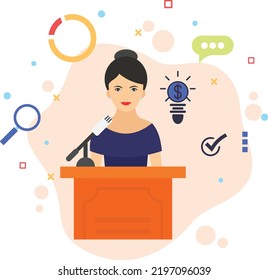 Company secretary giving brief to press vector color icon design, business character stock illustration, Key Note Speaker Concept, Hrm Symbol, Political leadership on Podium Design, 