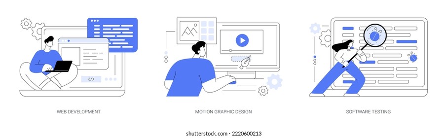 IT company service abstract concept vector illustration set. Web development, motion graphic design, software testing, application coding, UI and UX design, QA team, bug fixing abstract metaphor.